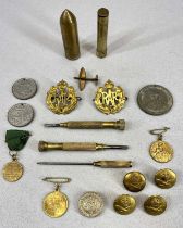 ROYAL AIR FORCE, TRENCH ART, COMMEMORATIVE MEDALLIONS ETC, lot includes 2 x pierced RAF cap