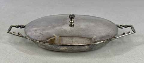 STYLISH SILVER PLATED ENTREE DISH & COVER, Maker's stamp 'Benson' to the base, 33cms across