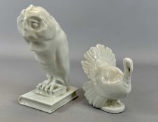 HEREND WHITE GLAZED PORCELAIN FIGURE OF AN OWL PERCHED ON BOOKS, 20cms H, and a Herend 'Faher' white