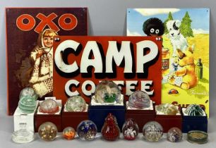 THREE REPRODUCTION METAL ADVERTISING SIGNS including 'Camp Coffee', 30 x 40cms, 'Golden Shred', 40 x