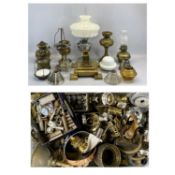 VARIOUS BRASS OIL LAMPS, chrome oil lamp with moulded opaque white glass shade, and various lamp