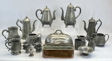 COLLECTION OF ANTIQUE PEWTER ITEMS, including quartz tankard, oval meat dish cover, 3 x coffee pots,