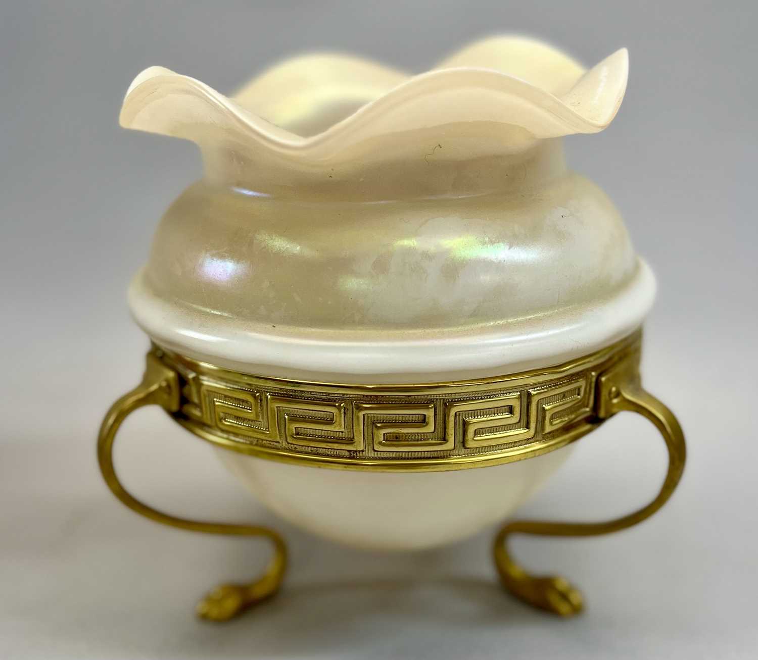 VICTORIAN IRIDESCENT OPAQUE GLASS BOWL with wavy rim, on gilded brass stand, with Grecian key - Image 2 of 2