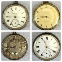 THREE SILVER CASED OPEN FACE POCKET WATCHES & A GOLD PLATED SIMILAR, each of the silver cased