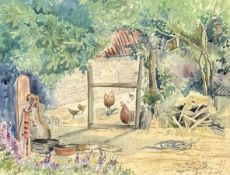 ‡ KIT NICOL (British, 20th Century) watercolour - garden yard with water pump and chickens, signed