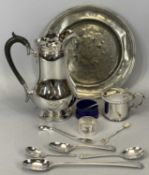 FIVE ITEMS OF HALLMARKED SILVER FLATWARE, circular pewter plate with touch-marks and a mixed