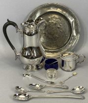 FIVE ITEMS OF HALLMARKED SILVER FLATWARE, circular pewter plate with touch-marks and a mixed