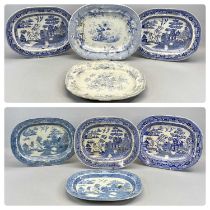 SIX VICTORIAN BLUE & WHITE WILLOW PATTERN TRANSFER DECORATED OVAL MEAT PLATES, 31.5 x 40cms (the