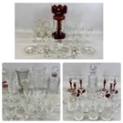VICTORIAN & LATER GLASSWARE to include a 36.5cms H ruby glass lustre with enamel floral