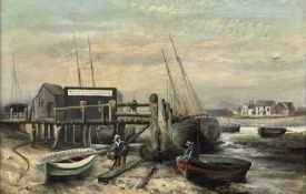 J DAVIS, 1886, oil on canvas - fisherman and boats ashore, building beyond North Wales Steam