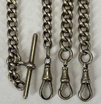 TWO SILVER CURB LINK ALBERTS, one having matching links and clips either end, 51cms L, the other