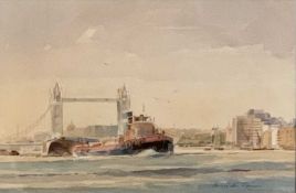 ‡ DENNIS JOHN HANCERI RSMA (1928-2011) watercolour - titled 'Thames Traffic, London', signed, 22 x