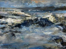 ‡ HOWARD COLES (British, 20th Century) oil on board - titled verso 'Waves Claiming the Shore I',