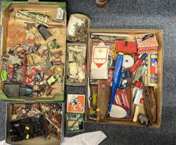 VINTAGE PAINTED METAL FARMYARD ANIMALS, PLASTIC SOLDIERS, WOODEN FORT & VARIOUS OTHER COLLECTABLES