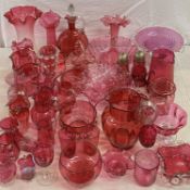 LARGE COLLECTION OF CRANBERRY GLASSWARE & OTHER COLOURFUL GLASSWARE including jugs, vases, dishes,