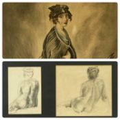 GEORGIAN STYLE watercolour - portrait of a lady, 54 x 38cms, together with two pencil studies of