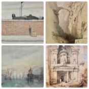 VARIOUS ARTISTS including L S LOWRY, man lying on wall, 22.5 x 28cms, J M W TURNER, Venetian view,