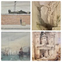 VARIOUS ARTISTS including L S LOWRY, man lying on wall, 22.5 x 28cms, J M W TURNER, Venetian view,