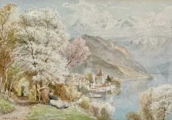 EBENEZER WAKE COOK (British, 1843-1926) watercolour - Continental Lake view with figure seated in