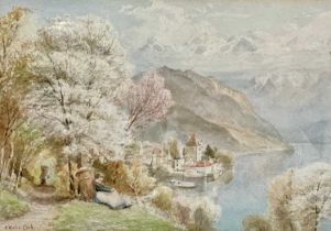 EBENEZER WAKE COOK (British, 1843-1926) watercolour - Continental Lake view with figure seated in