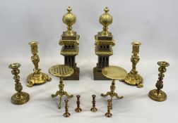 PAIR OF VICTORIAN GILDED BRASS & STEEL ANDIRONS, of square Corinthian column appearance with