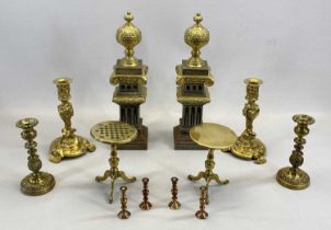 PAIR OF VICTORIAN GILDED BRASS & STEEL ANDIRONS, of square Corinthian column appearance with