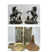 PAIR OF MARLY BRONZE FIGURES OF REARING HORSES WITH ATTENDANTS on ebonised wooden bases, 44cms H,