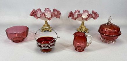 VICTORIAN & LATER CRANBERRY GLASSWARE SIX PIECES, to include a pair of frilly edge comports on