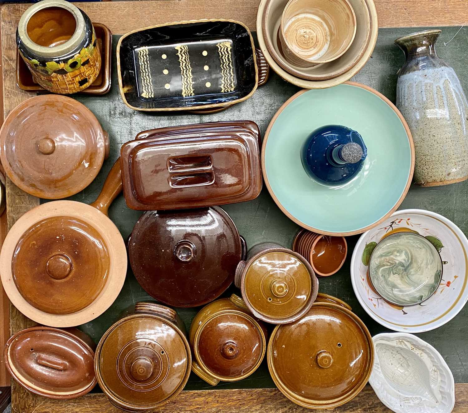 COLLECTION OF STONEWARE CASSEROLE DISHES, various sizes and shapes, stoneware vase drip glazed,