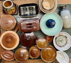 COLLECTION OF STONEWARE CASSEROLE DISHES, various sizes and shapes, stoneware vase drip glazed,