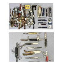 LARGE COLLECTION OF WRISTWATCHES with various pens, cufflinks ETC and a selection of pen knives