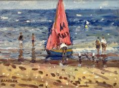 KEITH GARDNER RCA (British, b. 1933) oil on board - titled verso 'Red Sail Dinghy, Abersoch', signed