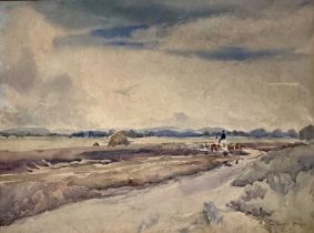 CLAUDE HAYES (British, 1852-1922) watercolour - extensive landscape with haystack, signed lower