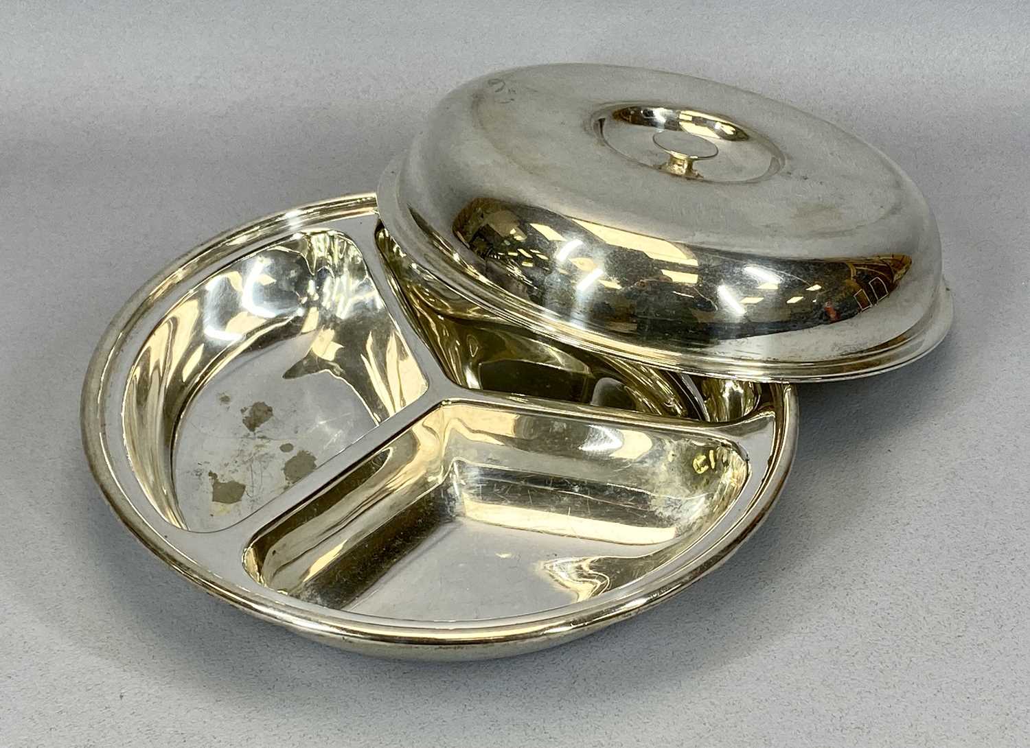 TWO SILVER PLATED CIRCULAR FOOD SERVERS, both having lift off lids and segmented interiors, one - Image 3 of 3