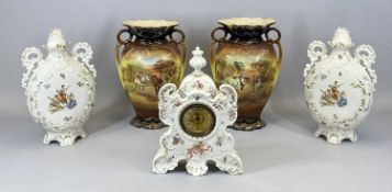 VICTORIAN MANTELPIECE POTTERY & PORCELAIN GROUP, comprising a pair of moon shape vases and covers,
