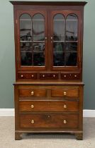 ANTIQUE OAK & MAHOGANY CUPBOARD TOP CHEST, the upper section with twin arched top glazed doors and