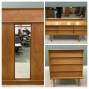 MID CENTURY AUSTIN-SUITE TEAK THREE-PIECE BEDROOM SUITE, comprising wardrobe with lift front top