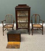 FOUR ITEMS OF VINTAGE FURNITURE, comprising a glazed single door china display cabinet with blind