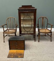 FOUR ITEMS OF VINTAGE FURNITURE, comprising a glazed single door china display cabinet with blind