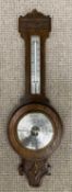 CARVED OAK BANJO SHAPE BAROMETER WITH THERMOMETER, 80cms H, 25.5cms diam. Provenance: private