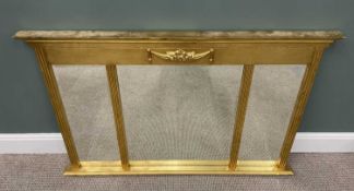 REPRODUCTION REGENCY STYLE GILT OVERMANTEL MIRROR, with floral ribbon swag applied top detail over