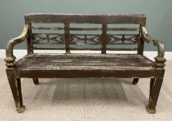 OFFERED WITH LOT 44 - PAINTED TEAK WOODEN GARDEN BENCH fretwork detail to back, 86.5cms H, 132cms W,