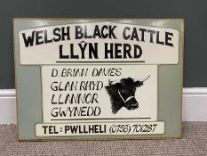 WELSH BLACK CATTLE BREEDERS ADVERTISING SIGN, 47cms H, 65cms W, plastic covered painted detail on