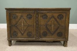 ANTIQUE OAK LIDDED COFFER, the four-plank top with edge moulding, inset beaded edge planked side