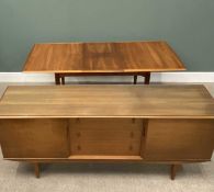 ALFRED COX MID-CENTURY TEAK EXTENDING DINING TABLE & MATCHING LONG SIDEBOARD, with three central