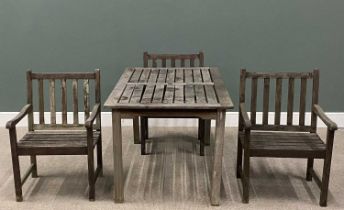 TEAK SLATTED GARDEN TABLE & THREE ARMCHAIRS, 75.5cms H, 149cms L, 90cms W - the table, 91cms H,