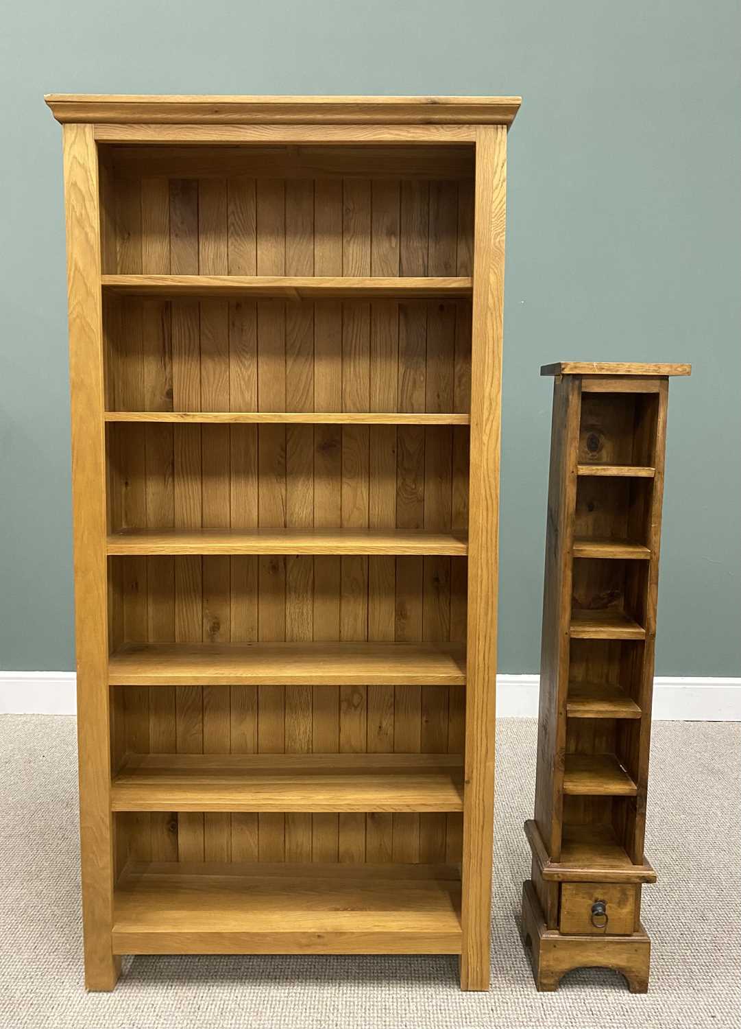 ULTRA MODERN LIGHT OAK BOOKCASE & MEXICAN PINE CD RACK, both with fixed shelves, 181cms H, 90cms