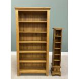 ULTRA MODERN LIGHT OAK BOOKCASE & MEXICAN PINE CD RACK, both with fixed shelves, 181cms H, 90cms