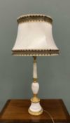 GILT METAL MOUNTED CARVED ALABASTER TABLE LAMP WITH SHADE, 81cms overall H (complete) Provenance: