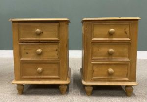 PAIR OF REPRODUCTION PINE THREE-DRAWER BEDSIDE CHESTS, with turned wooden knobs to the drawers, on